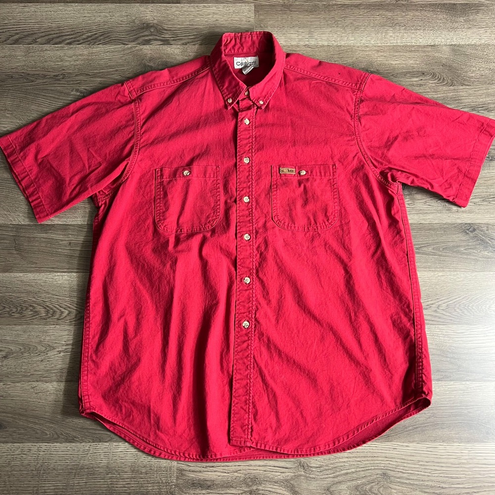 VTG Carhartt Shirt Mens‎ Large Short Sleeve Button Up S18 CRI Red 2000s Workwear